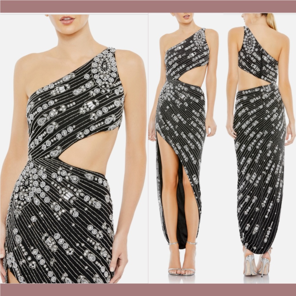 NWT Mac Duggal [ 0 ] One-Shoulder Cut Out Evening Gown‎ in Black